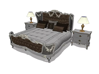 Elegant European Style Double Bed With Carved Details Nightstands And Table Lamps 3d model