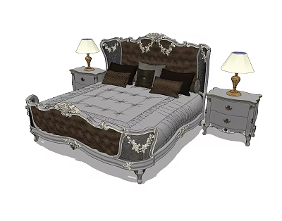 Elegant European Style Double Bed With Carved Details Nightstands And Table Lamps 3d model
