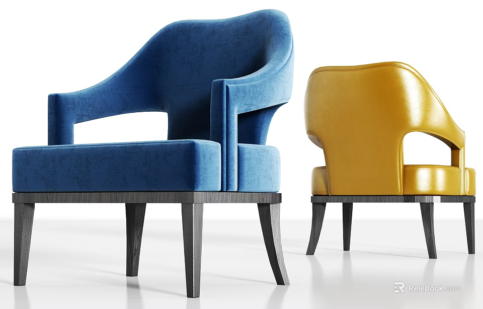 Modern Upholstered Dining Chairs With Blue And Yellow Armrest Design And Black Wooden Legs 3d model 