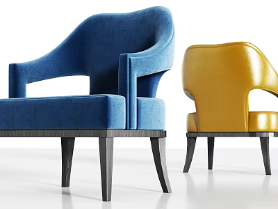 Modern Upholstered Dining Chairs With Blue And Yellow Armrest Design And Black Wooden Legs 3d model