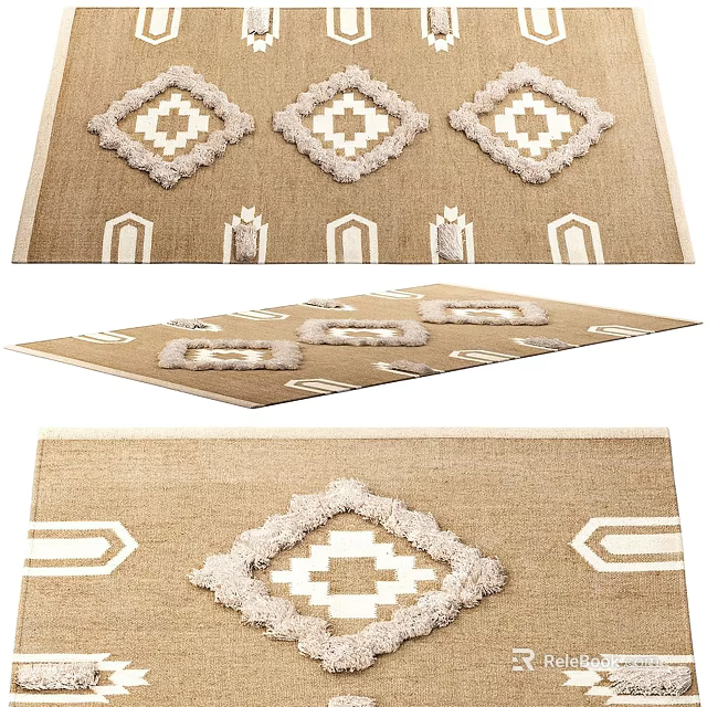 Beige Square Rug With White Diamond Patterns And Geometric Accents For Home Decor 3d model 