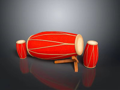 Red Traditional Drums Set With Large Main Drum And Small Side Drums On Wooden Stand 3d model