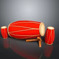Red Traditional Drums Set With Large Main Drum And Small Side Drums On Wooden Stand