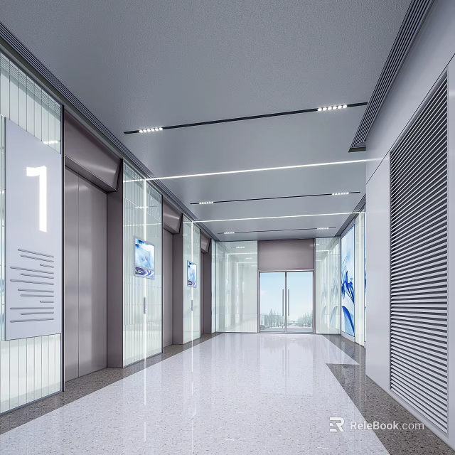 Modern Elevator Lobby With Glass Walls Ceiling Light Strips And Sleek Flooring 3d model