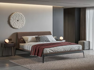 Modern Minimalist Bedroom With Double Bed Round Wall Decor Bedside Table Lamps And Rug 3d model