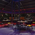 Modern Outdoor Restaurant With Red Brick Design Bar Counter Blue Red Lighting And Plant Decor