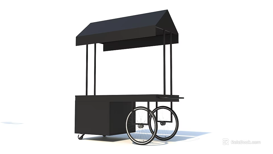 Black Mobile Street Vendor Cart with Canopy Wheels and Storage Platform 3d model 