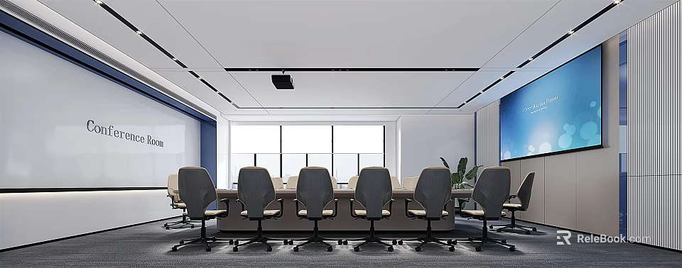 Modern Conference Room Interior With Long Table Gray Chairs Large Windows And Projector 3d model