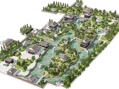 Traditional Chinese Garden Pavilion with Lush Trees Water Features and Classic Architecture 3d model