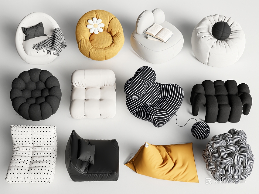 Comfortable Bean Bag Chairs With Various Styles Colors And Soft Textures For Modern Living Room 3d model 