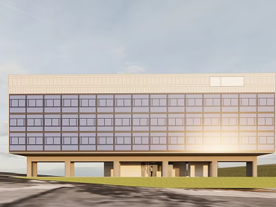 Modern Single Family House Exterior With Light Colored Walls Large Glass Windows Supporting Columns Spacious Grounds Bathed In Sunlight 3d model