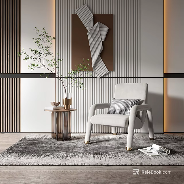Modern Light Gray Single Sofa With Side Table Plant Magazine And Striped Wall On Rug 3d model 