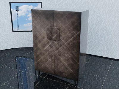 Dark Brown Diamond Pattern Double Door Wardrobe In Modern Room With Patterned Wall 3d model