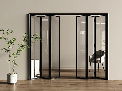 Modern Glass Folding Doors With Black Frame In Interior Space And Natural Plant 3d model