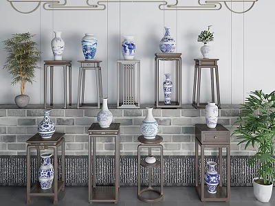 Traditional Blue and White Ceramic Vessels on Wooden Stands with Brick Wall and Green Plants 3d model