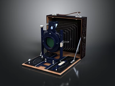 Vintage Folding Camera Classic Photography Equipment With Leather Case Bellows And Wooden Base 3d model