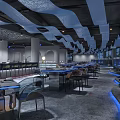 Modern Restaurant Interior With Wavy Blue Ceiling Decor Stylish Booths And Chic Tables