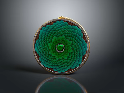 Round Green Lotus Pattern Clothing Accessory With Central Emerald Gemstone And Gold Edge 3d model