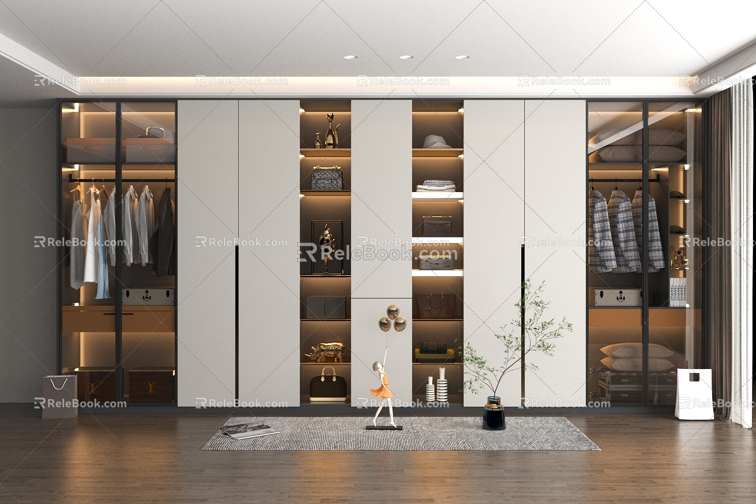 Wardrobe Combination White Wardrobe Glass Door Wardrobe Storage Cabinet Semi-open Wardrobe Storage Cabinet 3d model