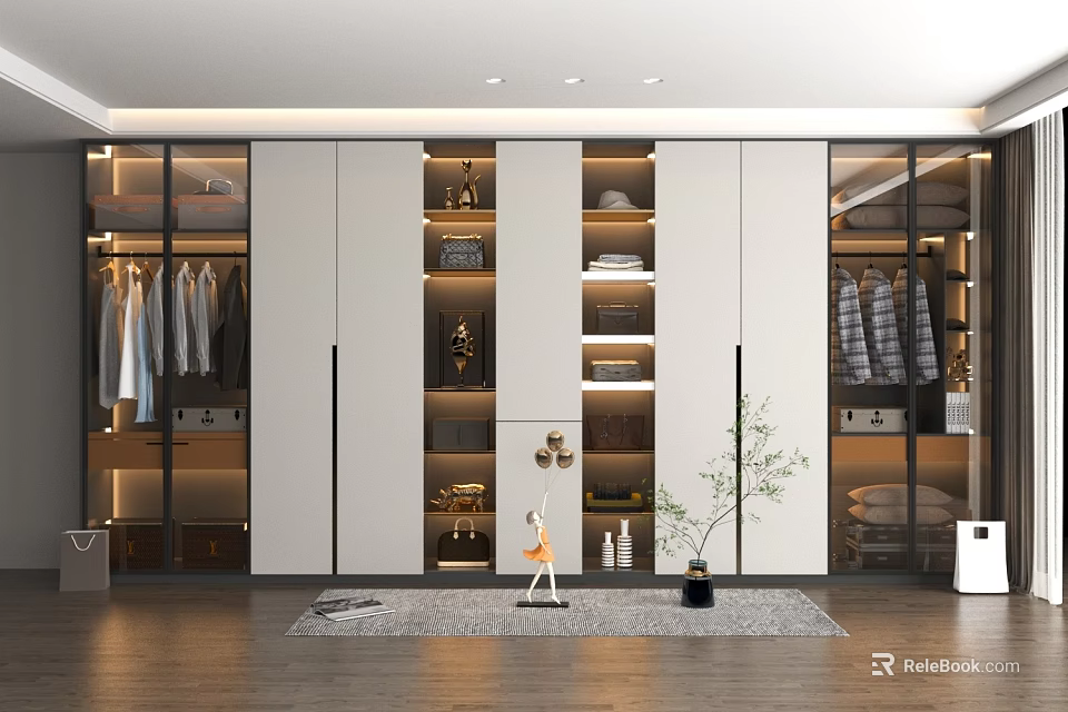 Modern Walk-in Closet Interior With Hanging Clothes Folded Garments Storage Cabinets And Potted Plant 3d model 