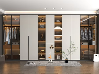 Modern Walk-in Closet Interior With Hanging Clothes Folded Garments Storage Cabinets And Potted Plant 3d model