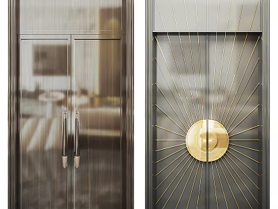 Modern Double Doors With Dark Frames Metal Handles And Golden Circular Radial Design 3d model
