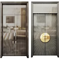 Modern Double Doors With Dark Frames Metal Handles And Golden Circular Radial Design