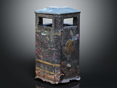 Worn Metal Trash Can With Rusty Surface Colorful Graffiti And Open Top 3d model