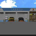 Industrial Automotive Service Workshop With Shell Logo Two Cars And Repair Bays