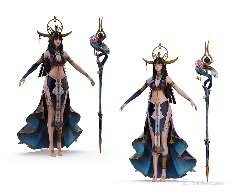 Game Movie Character in Elaborate Costume With Ornate Headdress Flowing Skirt And Decorative Staff 3d model 