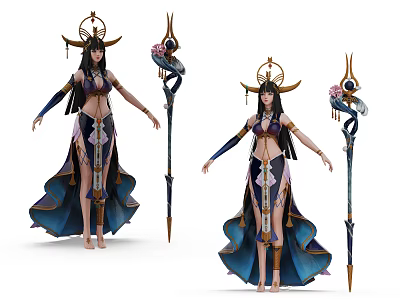 Game Movie Character in Elaborate Costume With Ornate Headdress Flowing Skirt And Decorative Staff 3d model