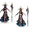 Game Movie Character in Elaborate Costume With Ornate Headdress Flowing Skirt And Decorative Staff 3d model