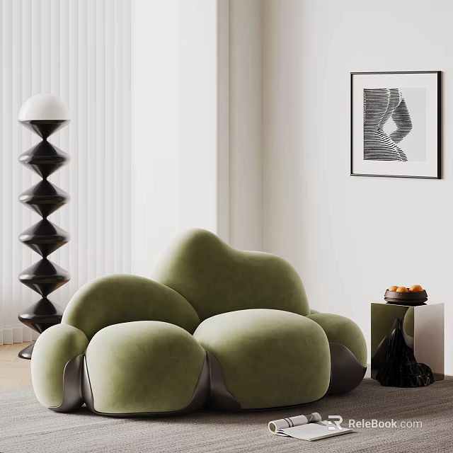 Modern Green Single Sofa with Cloud Shaped Design Black Floor Lamp and Side Table 3d model