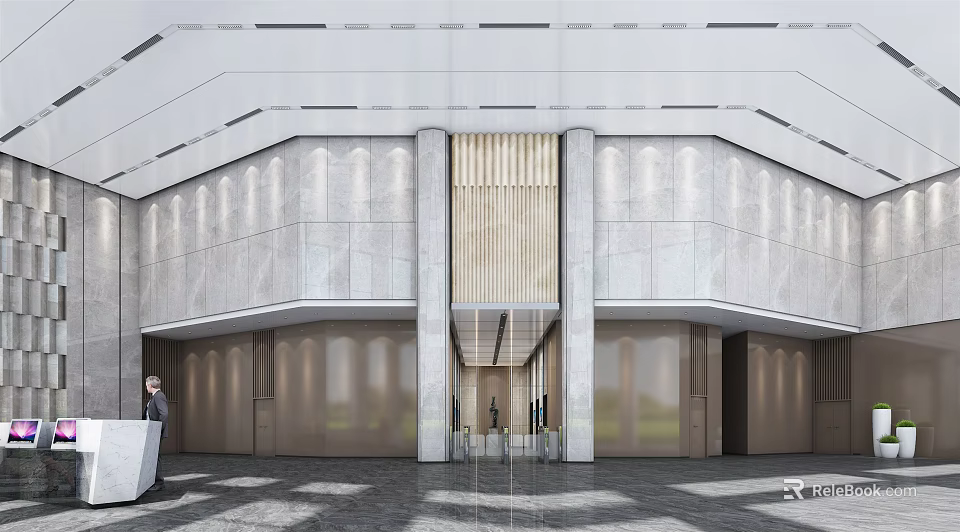 Modern Lobby Reception Desk Design With Stone Walls Wooden Accents And Glass Doors 3d model 