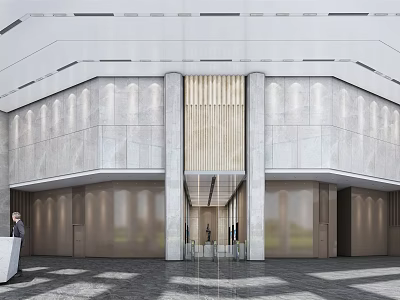 Modern Lobby Reception Desk Design With Stone Walls Wooden Accents And Glass Doors 3d model