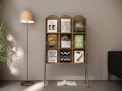 Modern Wooden Bookshelf With Stylish Books Floor Lamp And Open Book Design 3d model
