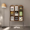 Modern Wooden Bookshelf With Stylish Books Floor Lamp And Open Book Design
