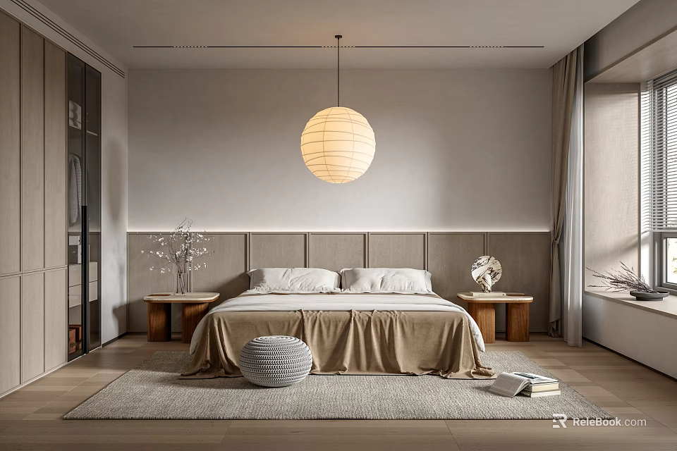 Modern Minimalist Bedroom With Neutral Tones Round Pendant Light Bedside Tables And Textured Rug 3d model 