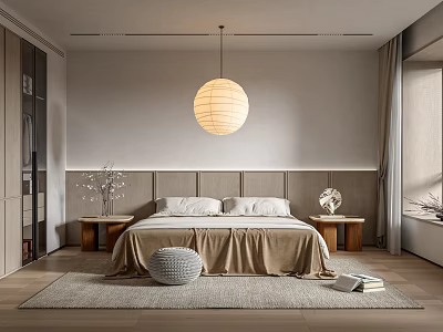 Modern Minimalist Bedroom With Neutral Tones Round Pendant Light Bedside Tables And Textured Rug 3d model