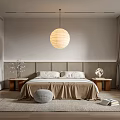 Modern Minimalist Bedroom With Neutral Tones Round Pendant Light Bedside Tables And Textured Rug