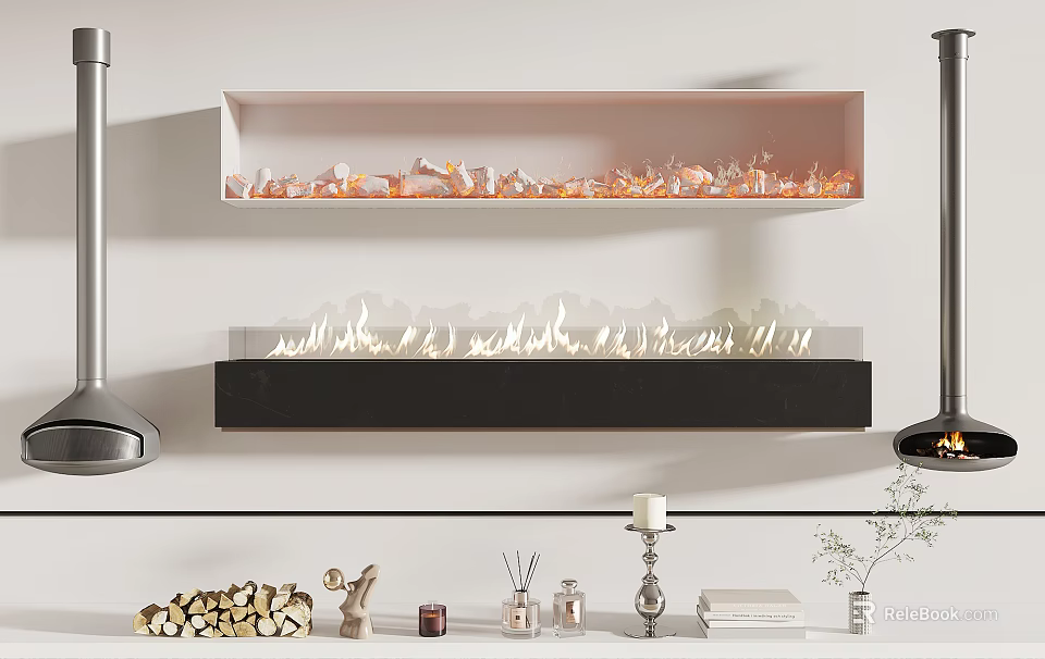 Modern Wall Mounted Fireplace With Realistic Flame Effect And Glass Panel Decor Elements 3d model