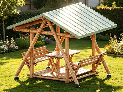 Wooden Garden Gazebo With Green Roof in Lawn Surrounded by Flowers Benches and Table 3d model