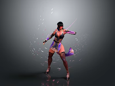 Woman In Elaborate Armored Outfit Wielding Sword With Dynamic Shattering Effects 3d model