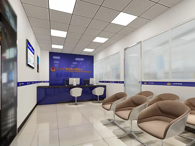 Government Service Hall Interior With Blue Counter Waiting Area Chairs And Display Screen 3d model