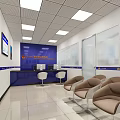 Government Service Hall Interior With Blue Counter Waiting Area Chairs And Display Screen