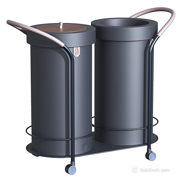 Modern Black Double Trash Bins With Lid Metal Stand Handles And Wheels For Home 3d model 