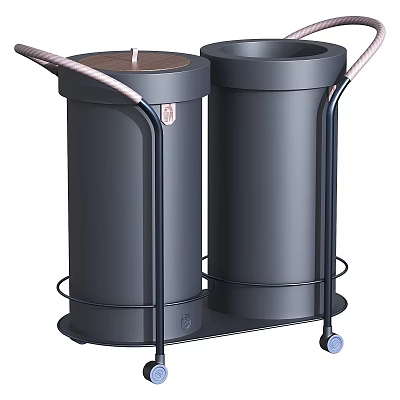Modern Black Double Trash Bins With Lid Metal Stand Handles And Wheels For Home 3d model