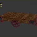 Vintage Wooden Cart With Slatted Surface And Metal Spoked Wheels
