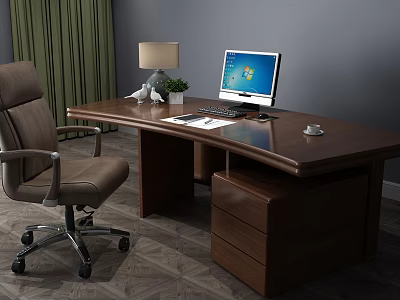 Brown Wooden Office Desk With Computer Monitor Table Lamp Potted Plant And Ergonomic Chair 3d model