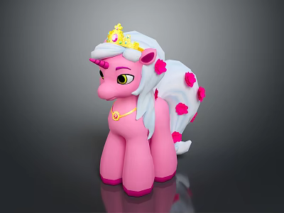 Cute Pink Pony Toy Figure With Golden Crown White Mane Pink Flower Decorations And Necklace 3d model